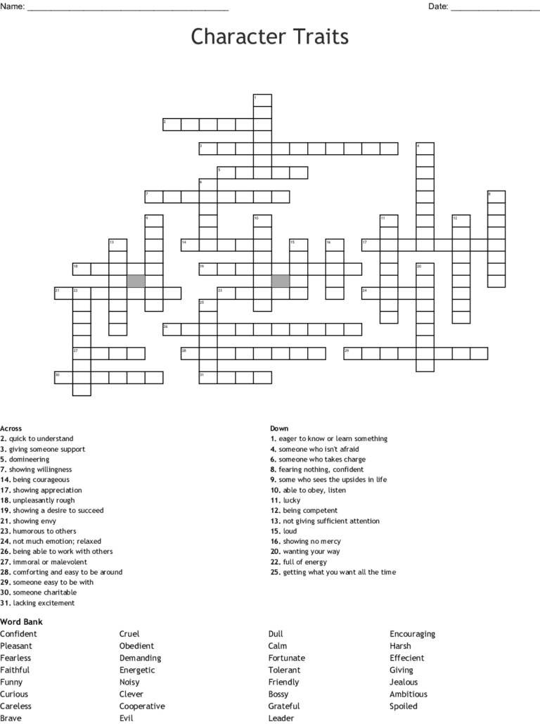 Character Traits Crossword Puzzle WordMint James Crossword Puzzles
