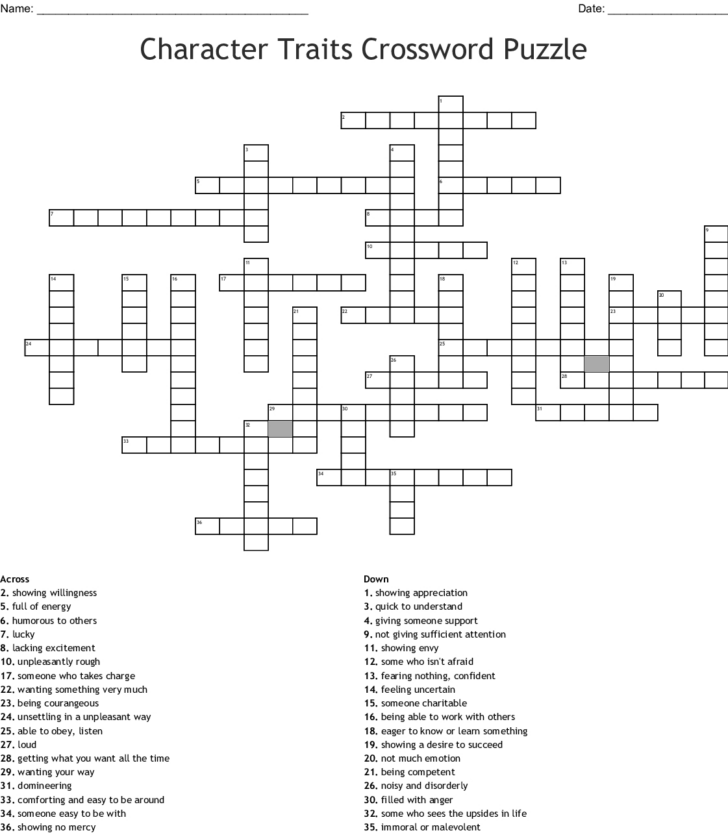 Crossword Puzzle About Character Trait Printable