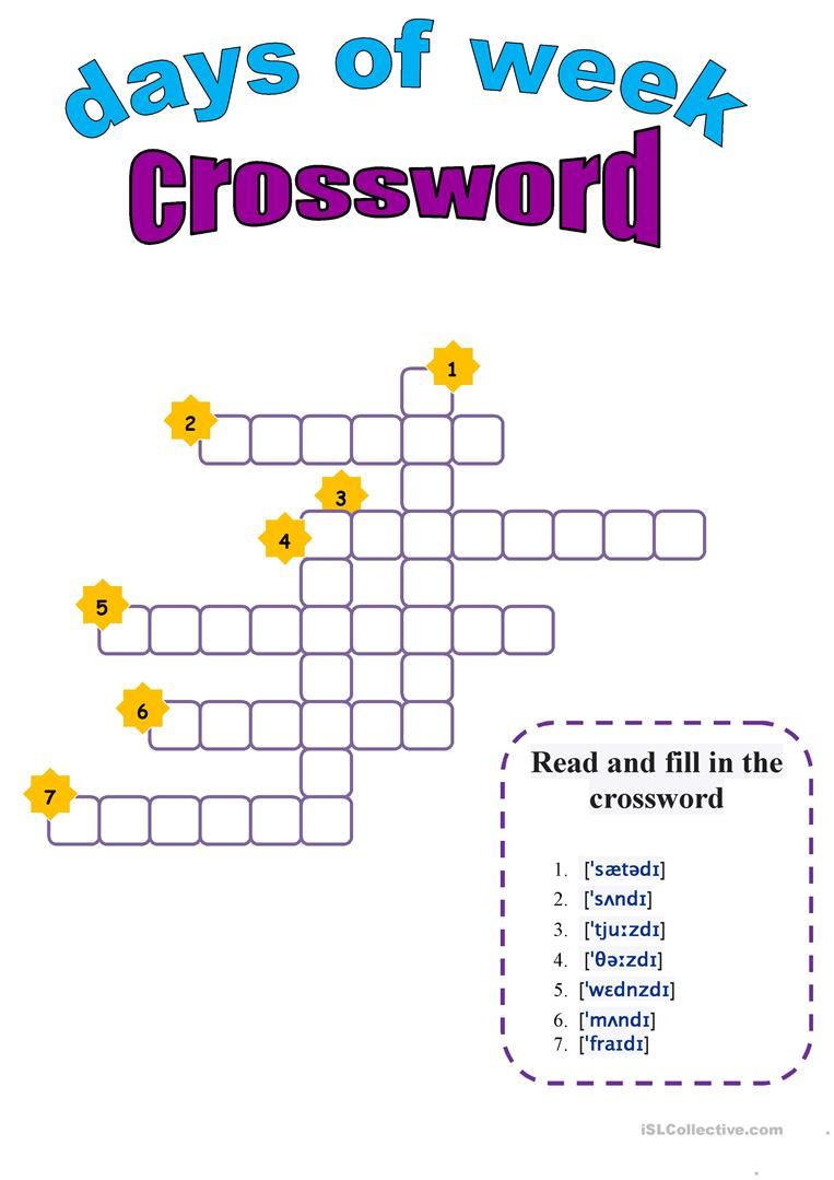 Days Of The Week Crossword Worksheet Free ESL Printable Worksheets 