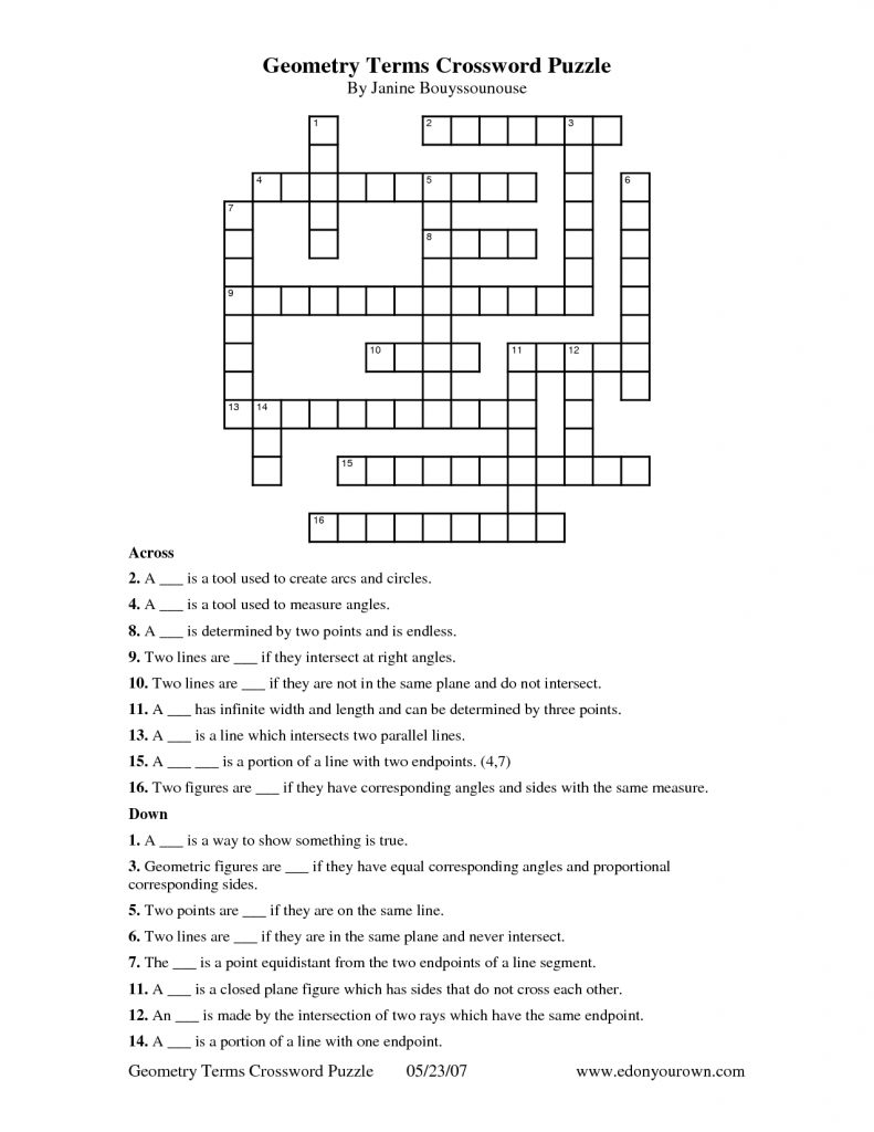 Geometry Terms Crossword Puzzle Paper Crafts Crossword Puzzle 