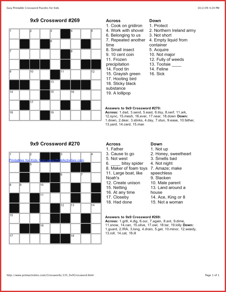 Printable Crosswords For 9 Year Olds Printable Crossword Puzzles