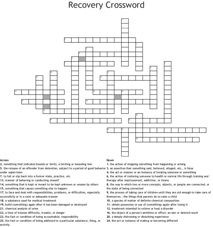 Recovery Crossword Puzzles With Answers Printable