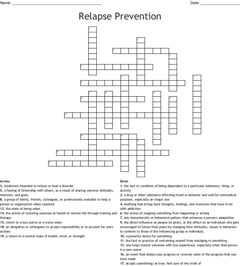 Relapse Prevention Crossword WordMint James Crossword Puzzles