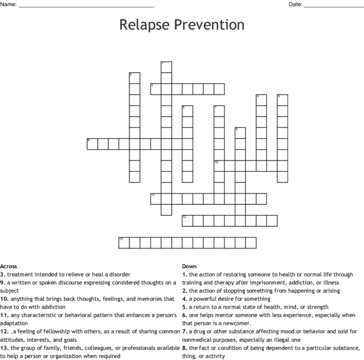 Relapse Prevention Crossword Printable