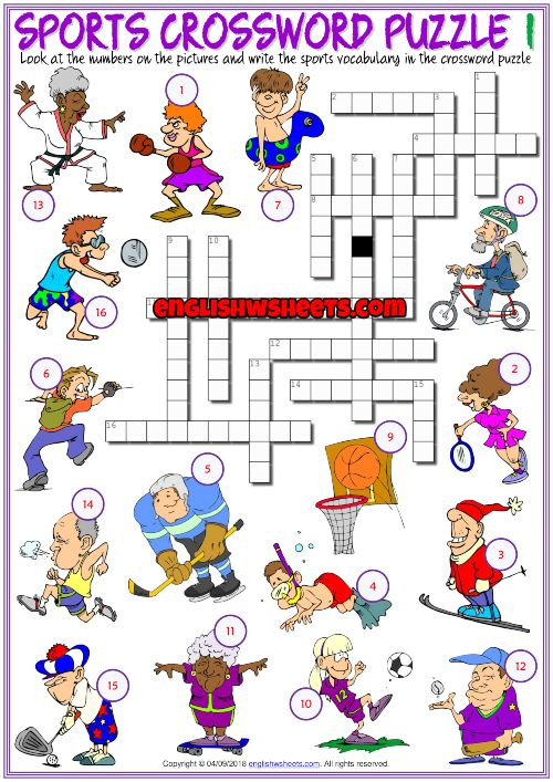 Sports ESL Printable Crossword Puzzle Worksheets For Kids Printable 