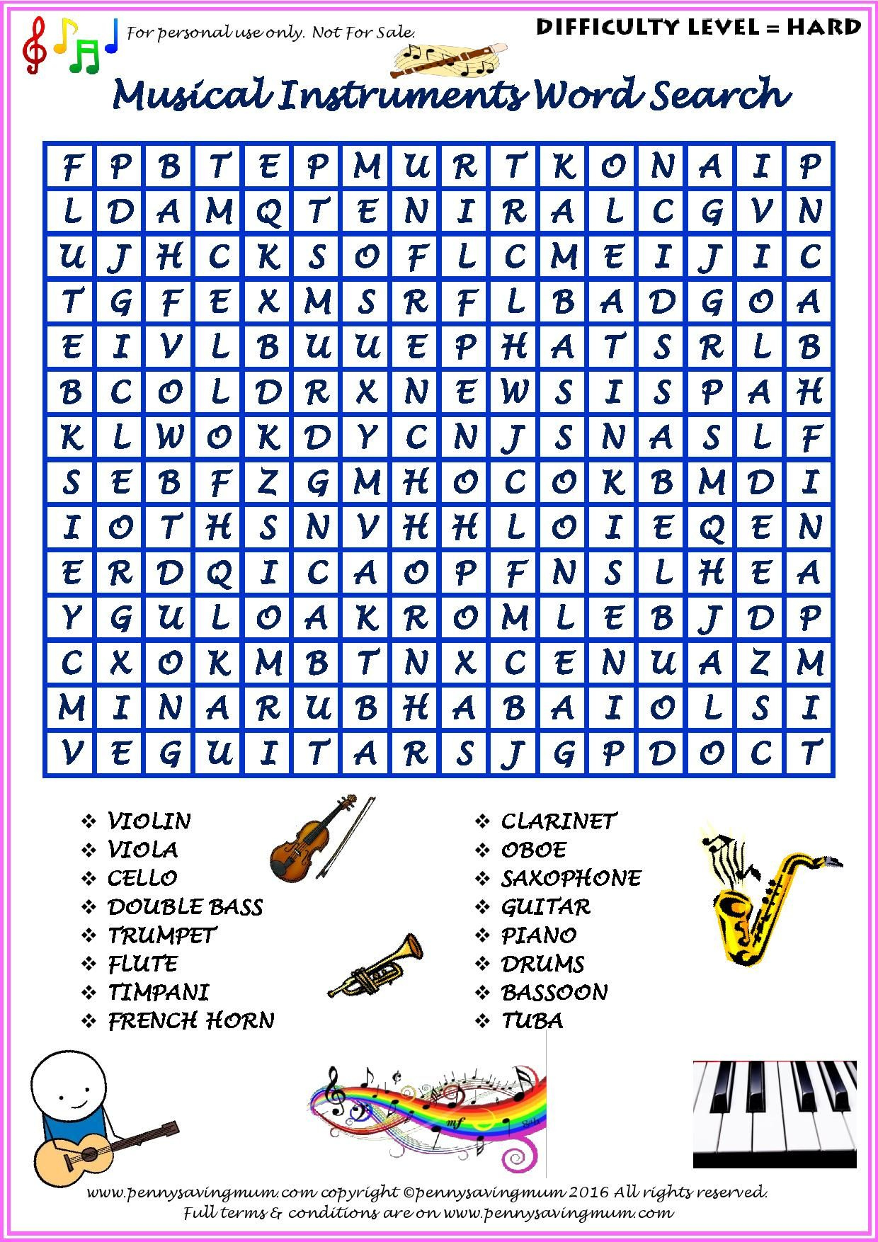 Word Search Musical Instruments Hard Version Printables Hard 