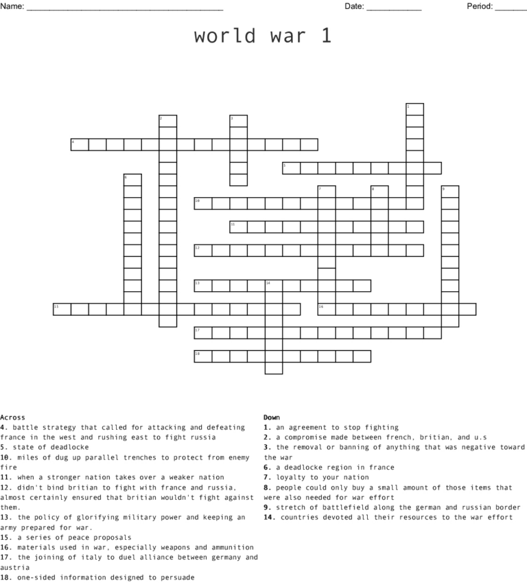 Wwi Crossword Puzzle Printable Printable Crossword Puzzles James