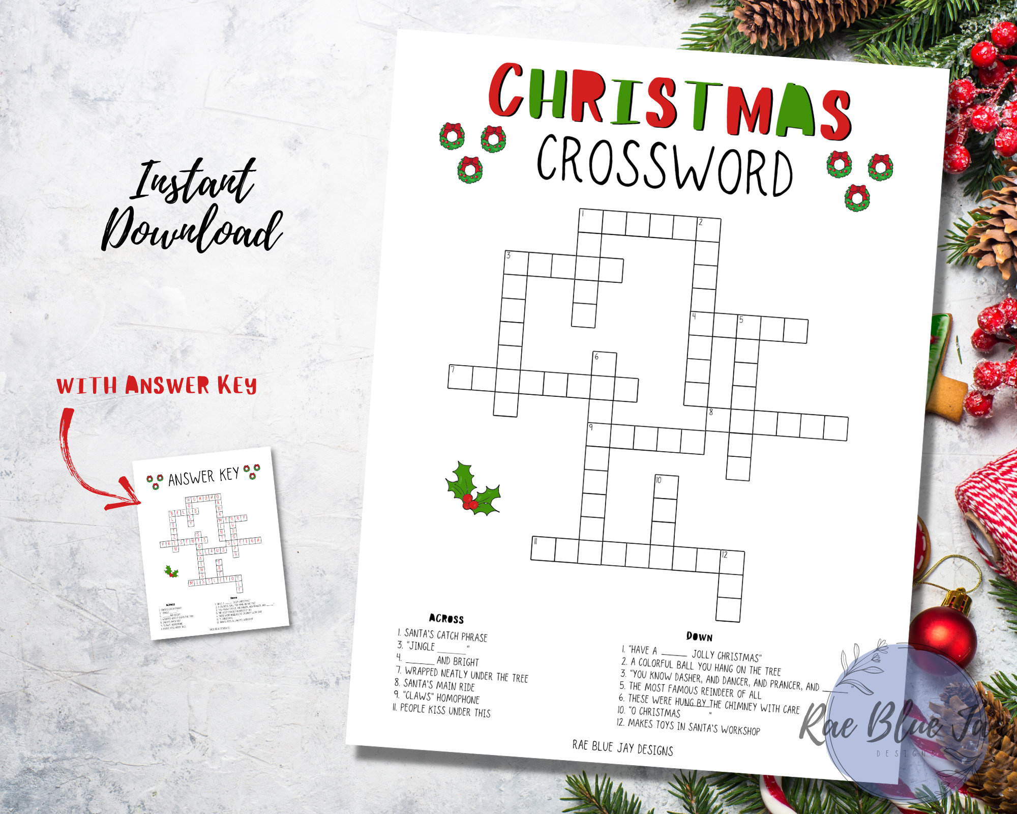 Christmas Crossword Puzzle Printable, Instant Download Kids for Christmas Decorations Crossword Puzzles Answers