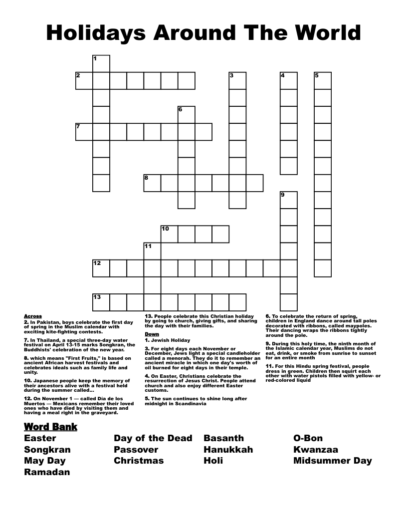 Holidays Around The World Crossword - Wordmint within Christmas Around The World Crossword Puzzles Answer Key