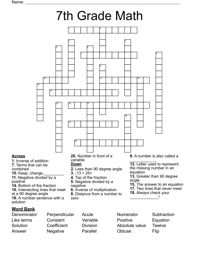 7Th Grade Math Crossword - Wordmint pertaining to Free Printable Crossword Puzzles 7