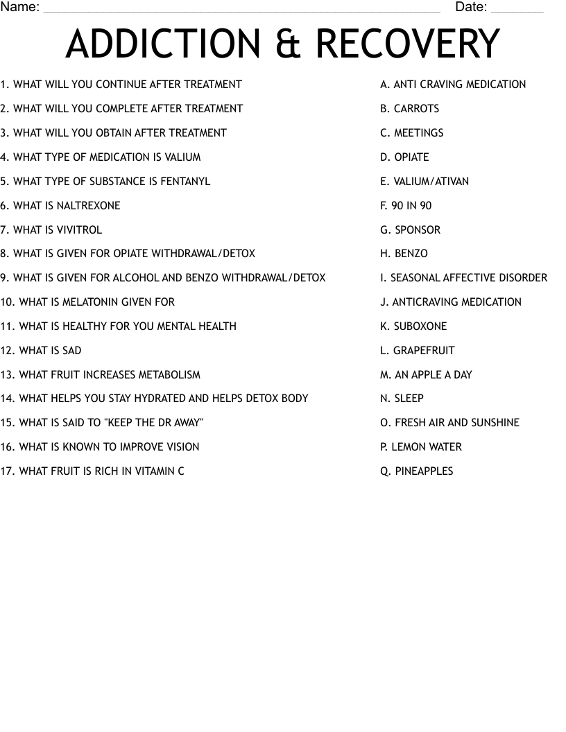 Addiction &amp;amp; Recovery Worksheet - Wordmint throughout Answer Sheet For Recovery and Addiction Crossword Puzzle