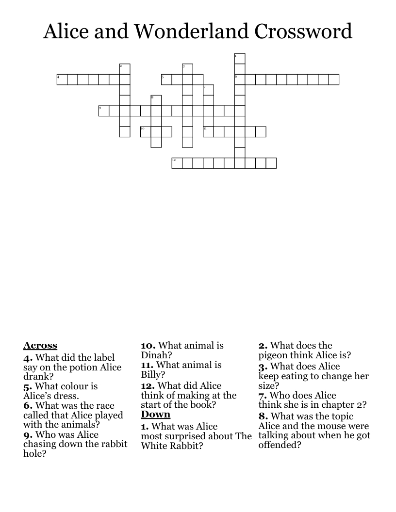 Alice And Wonderland Crossword - Wordmint within Alice In Wonderland Crossword Printable with Answers