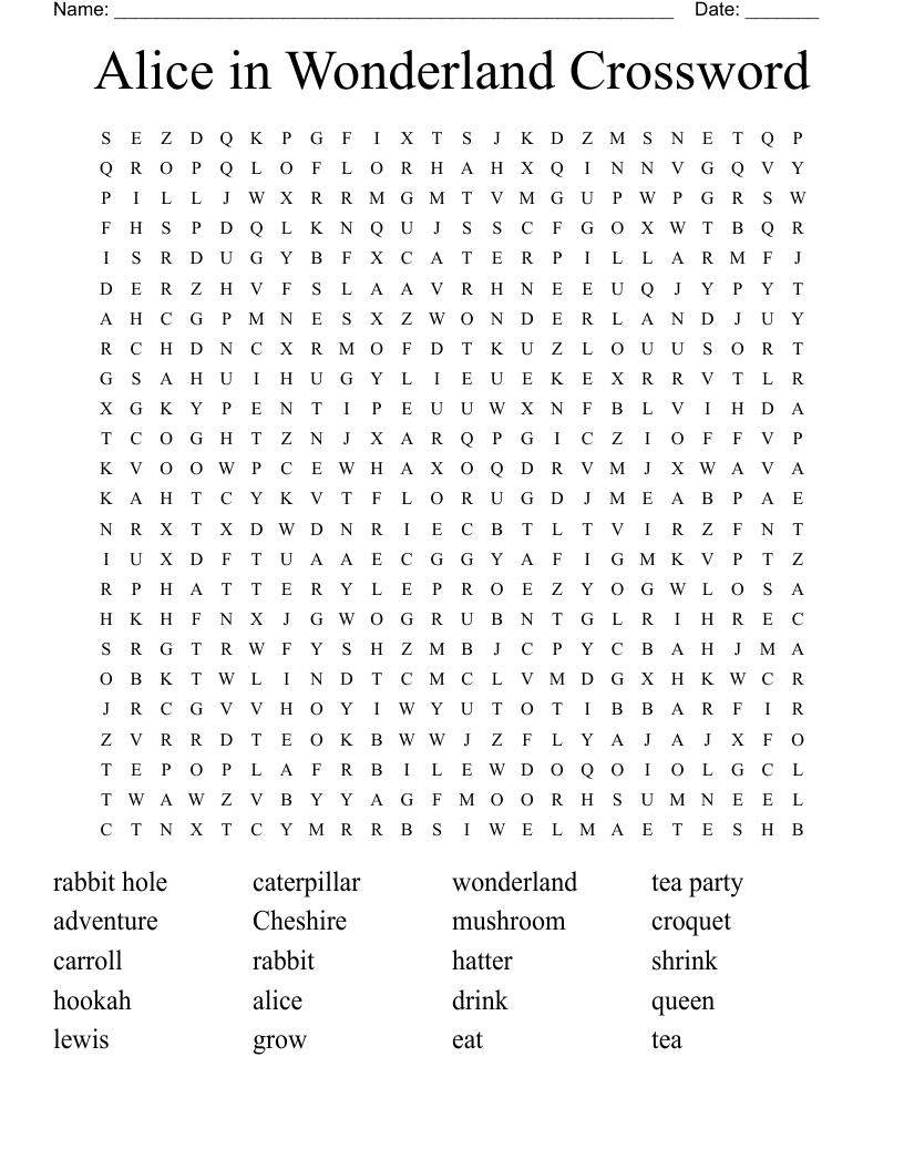 Alice In Wonderland Crossword Word Search - Wordmint intended for Alice In Wonderland Crossword Puzzle Free Printable