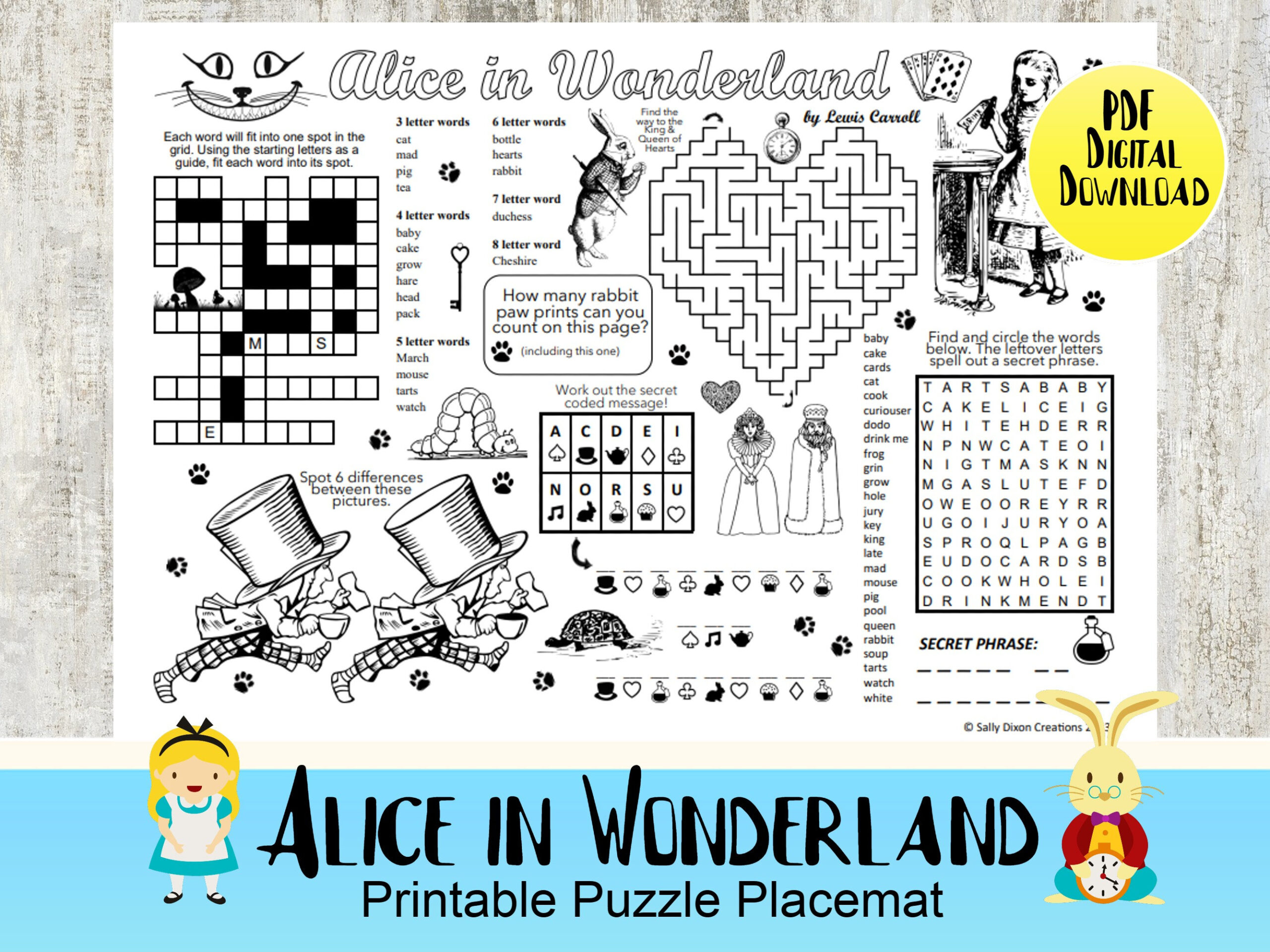 Alice In Wonderland, Puzzle Place Mat, Crossword Puzzles, Activity inside Alice In Wonderland Crossword Printable With Answers