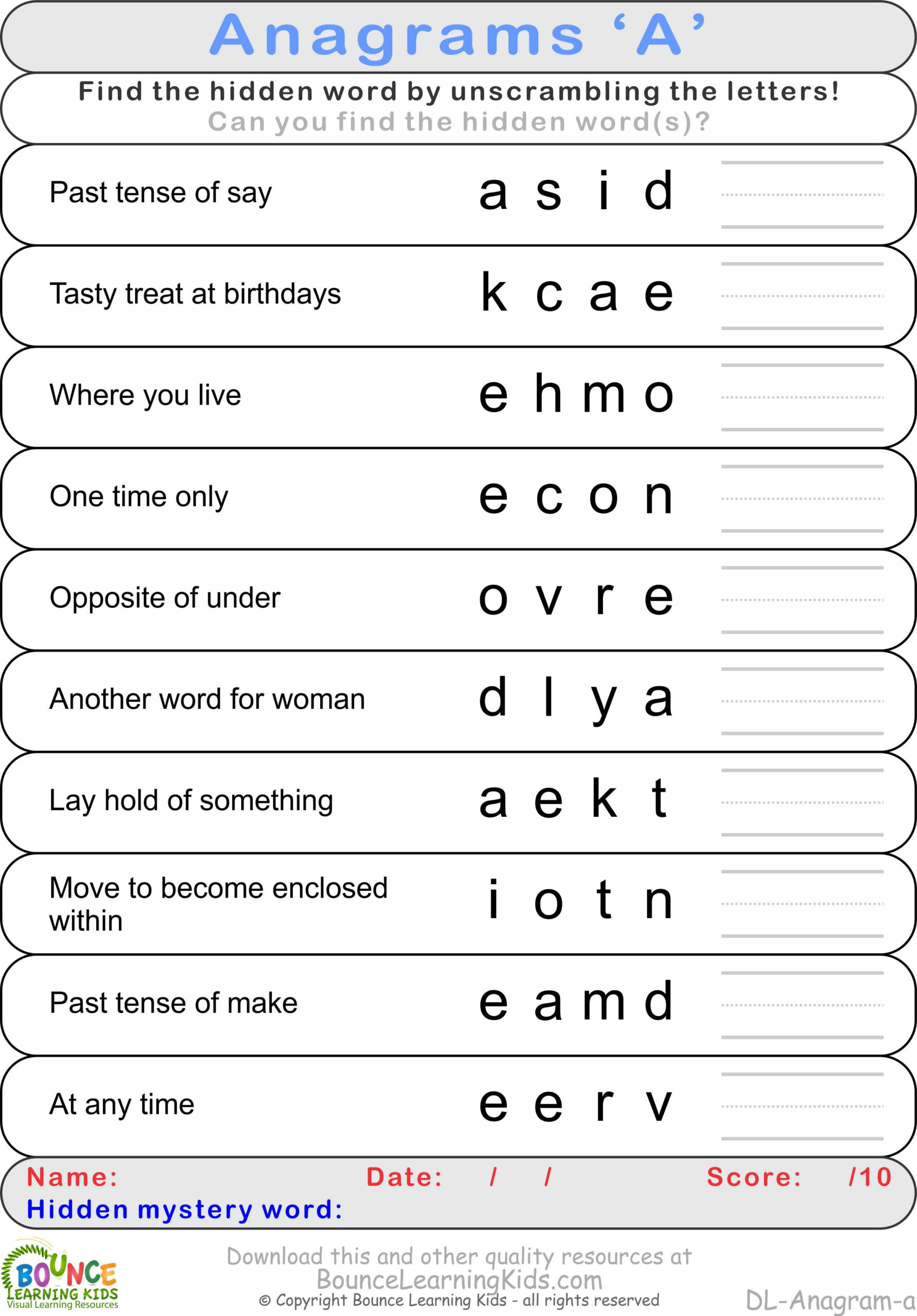 Anagrams - Portallas within Free Printable Anagrams With Answers