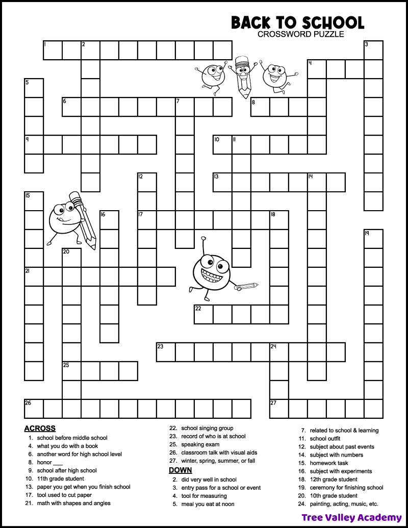 Back To School Crossword Middle School - Tree Valley Academy pertaining to High School Senior Crossword Puzzles Free Printable