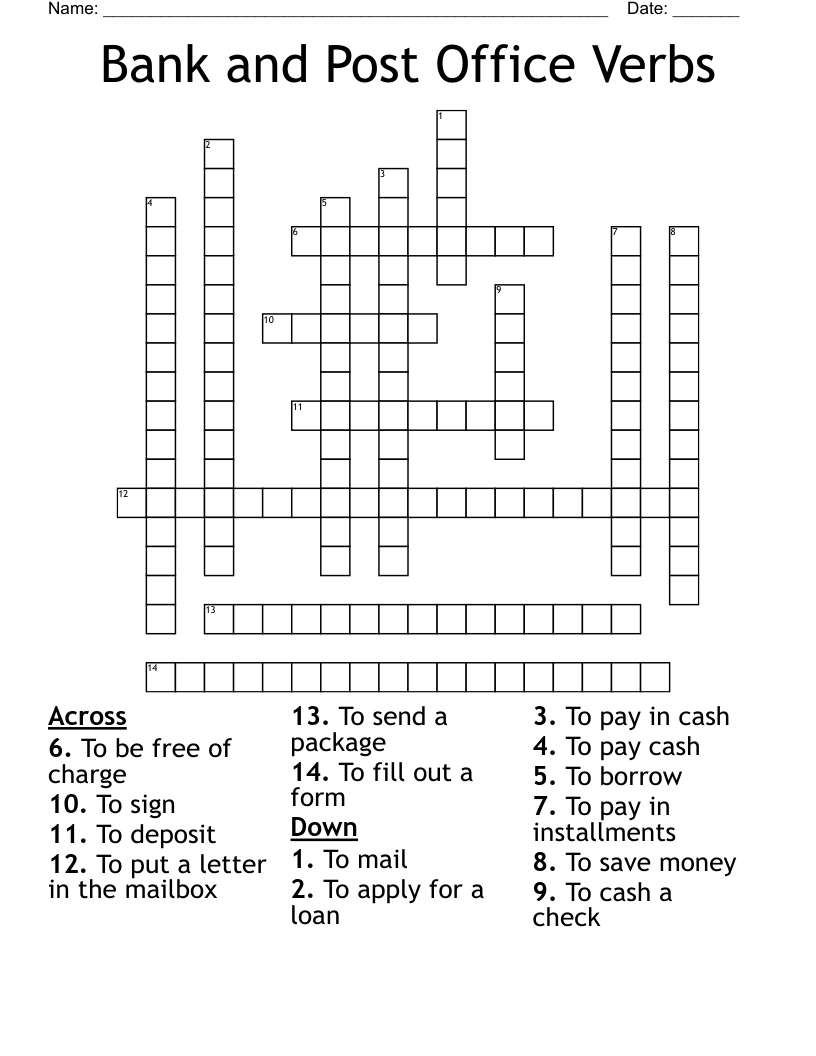 Bank And Post Office Verbs Crossword - Wordmint with regard to Crossword with Word Bank Printable