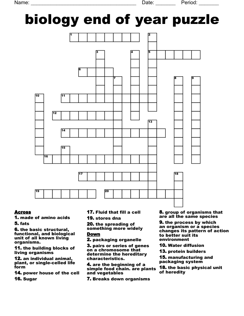 Biology End Of Year Puzzle Crossword - Wordmint with End Of Year Ditloids