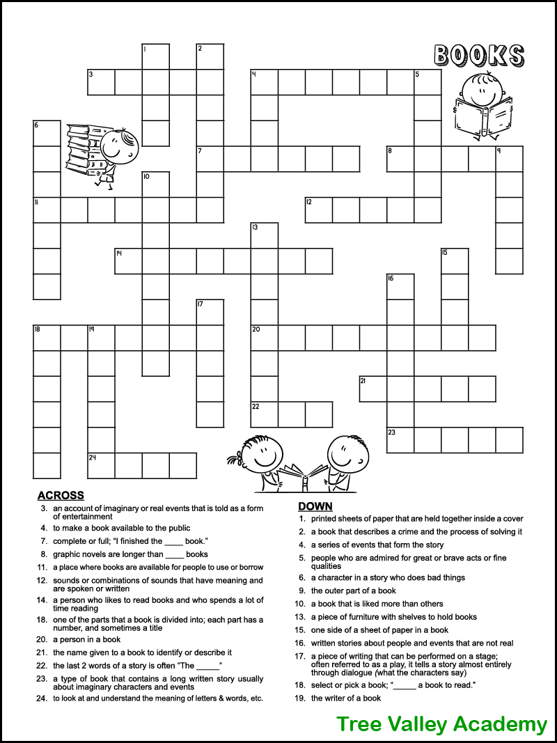 Book Themed Crossword Puzzle For Kids - Tree Valley Academy for Crossword with Word Bank Printable