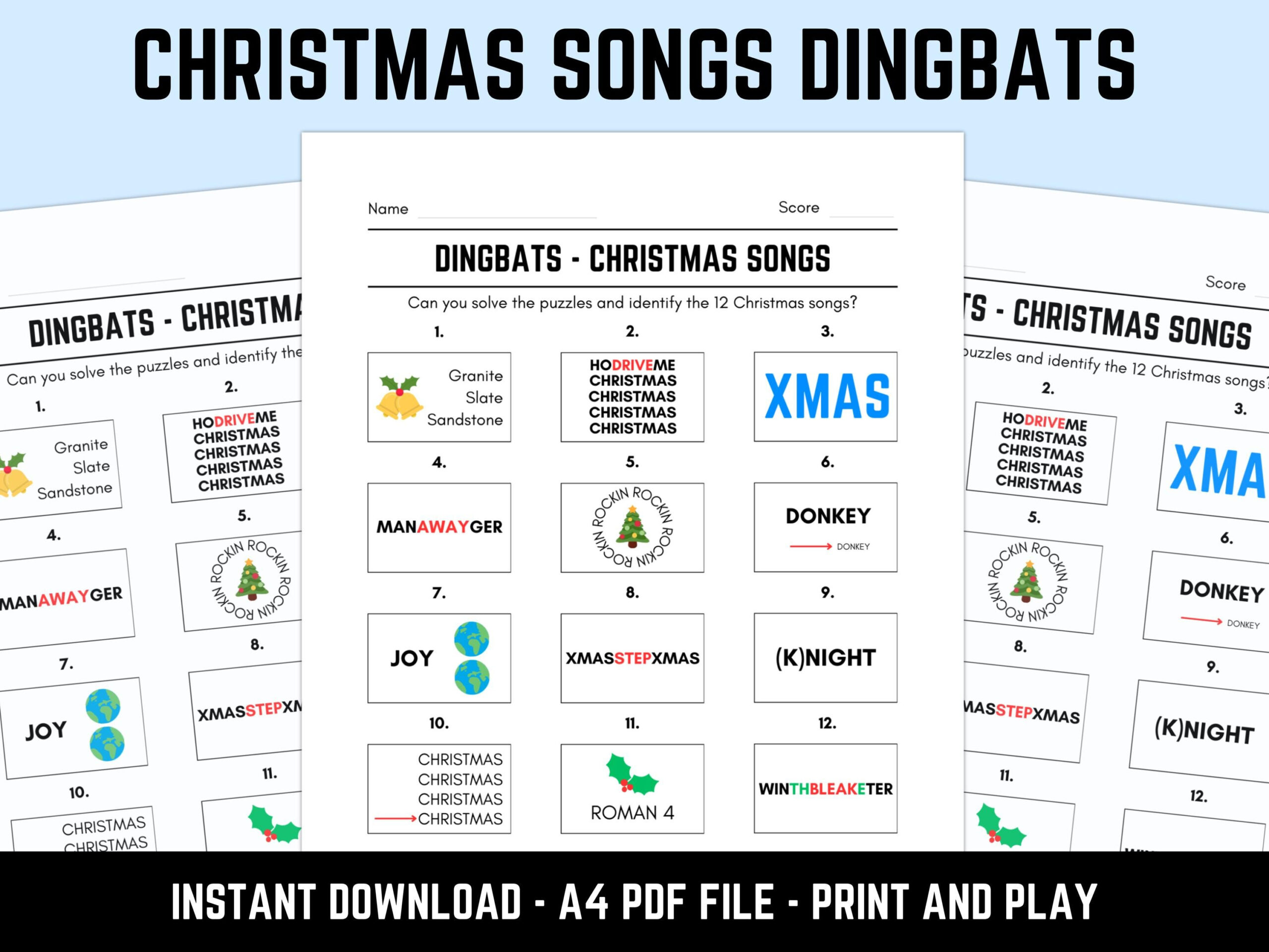 Buy Printable Christmas Songs Dingbats Picture Quiz With Answers regarding Christmas Song Dingbat Puzzles Adult Printable