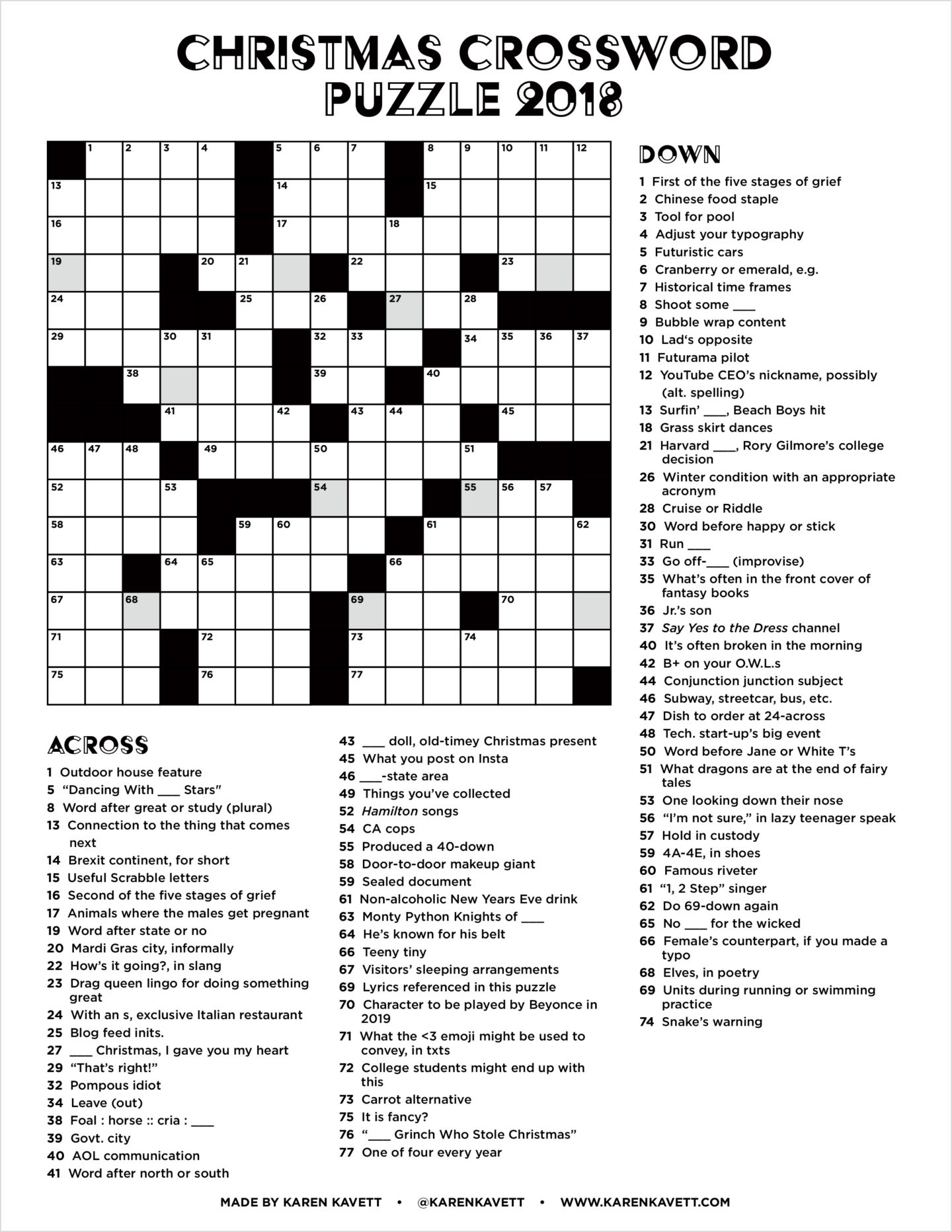 Christmas Crossword Puzzle 2018 - Karen Kavett intended for Holiday Crossword Puzzles For Adults