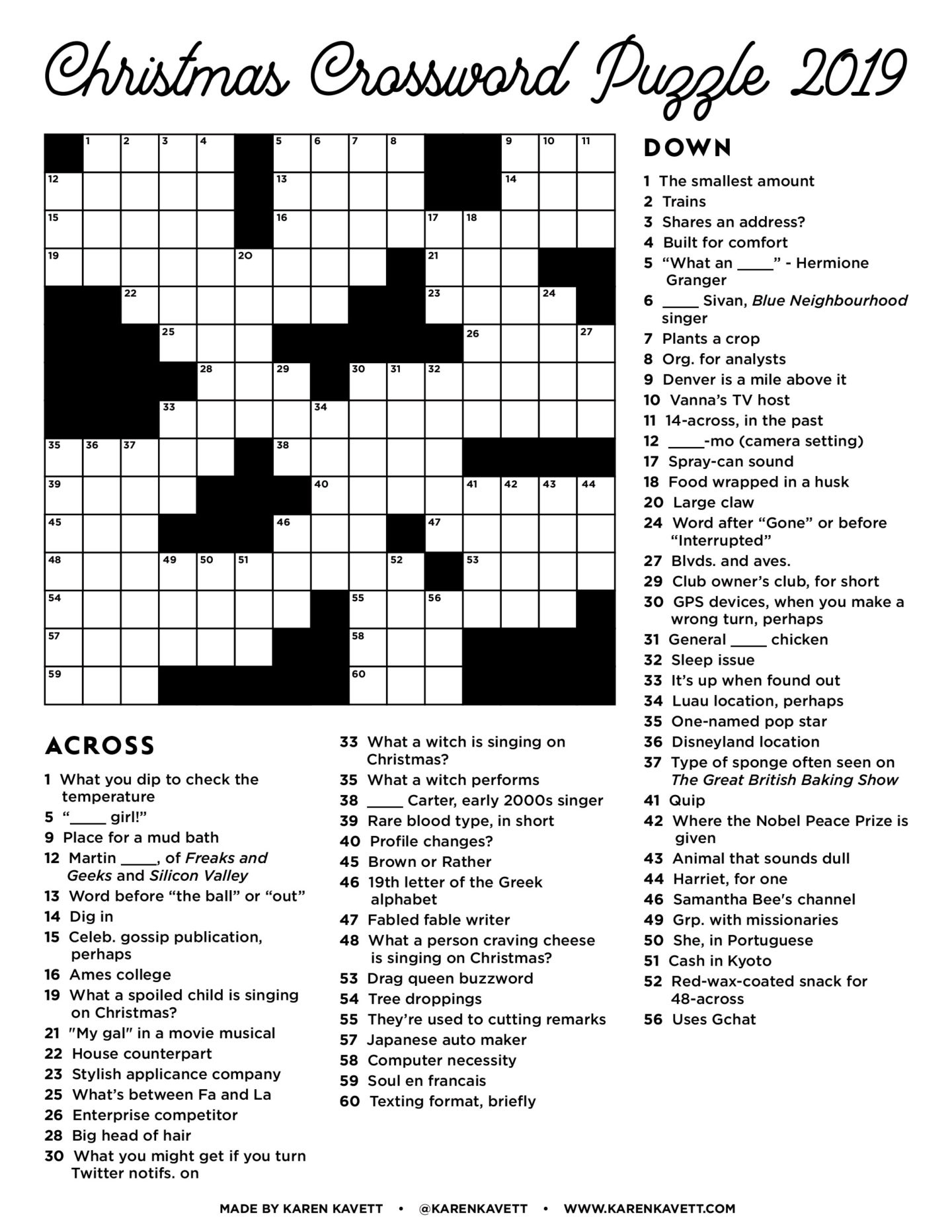 Christmas Crossword Puzzle 2019 - Karen Kavett in Christmas Crossword Puzzle Adult