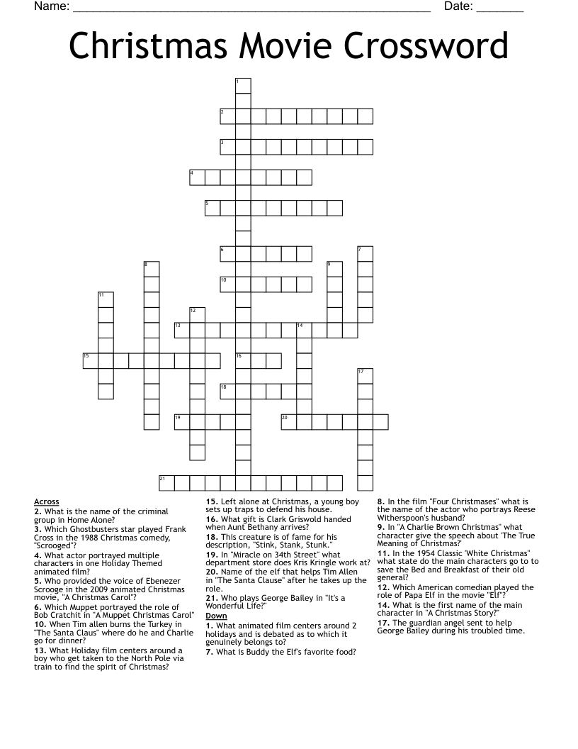Christmas Movie Crossword - Wordmint inside Christmas Witch Movie Crossword Puzzle