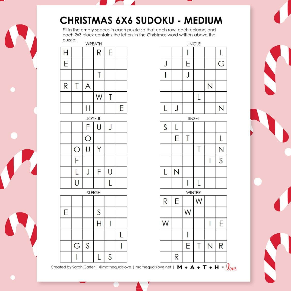 Christmas Puzzles | Math = Love in Christmas Fill-In-The-Blanks Puzzles Free Printable