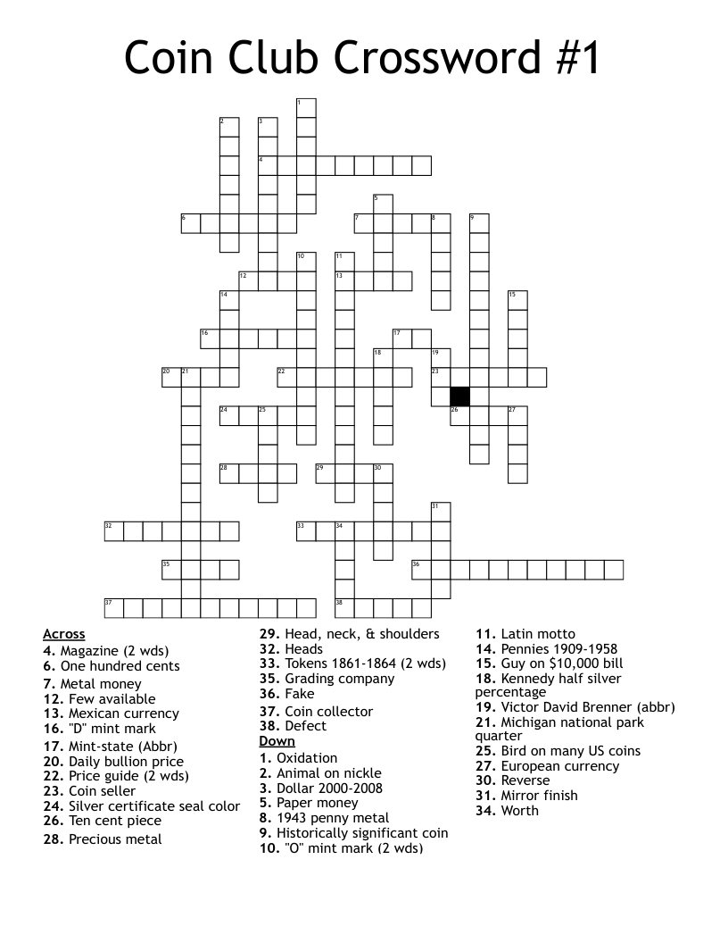 Coin Club Crossword #1 - Wordmint for 7 Free Printable Daily Crosswords