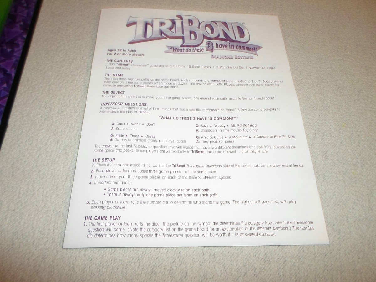 Complete! Tribond Diamond Edition Board Game Trivia Riddle pertaining to Tribond Trivia Questions and Answers Printable Kids