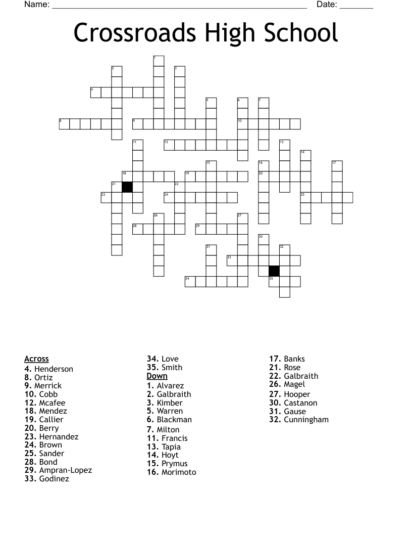 Crossroads High School Crossword - Wordmint in High School Crossword Puzzles with Answers Printable