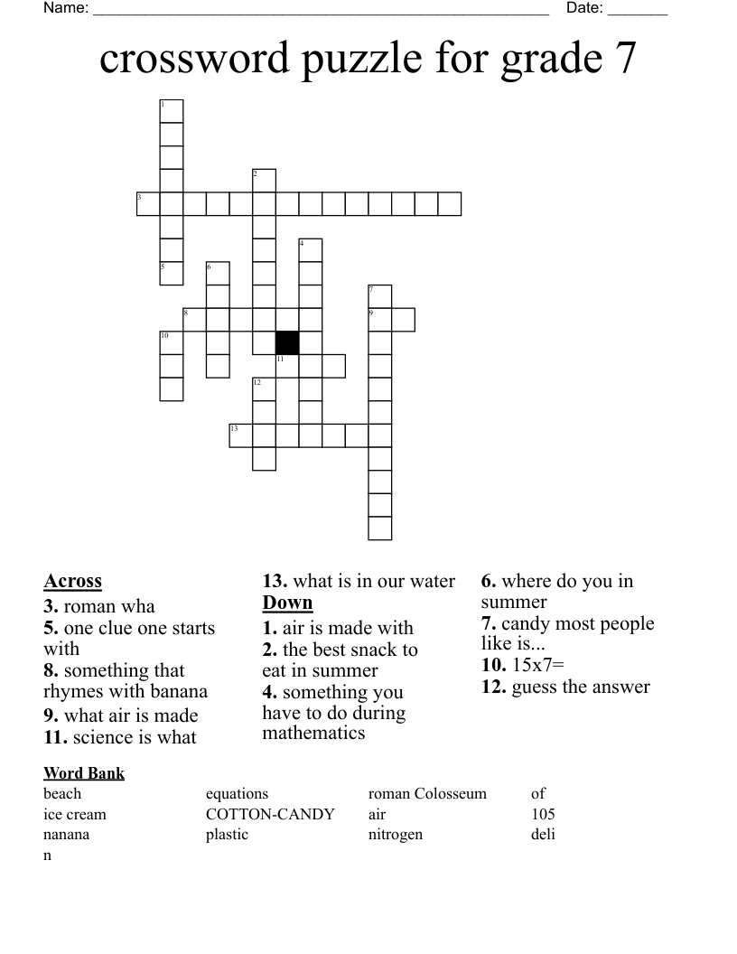 Crossword Puzzle For Grade 7 - Wordmint in Free Printable Crossword Puzzles 7