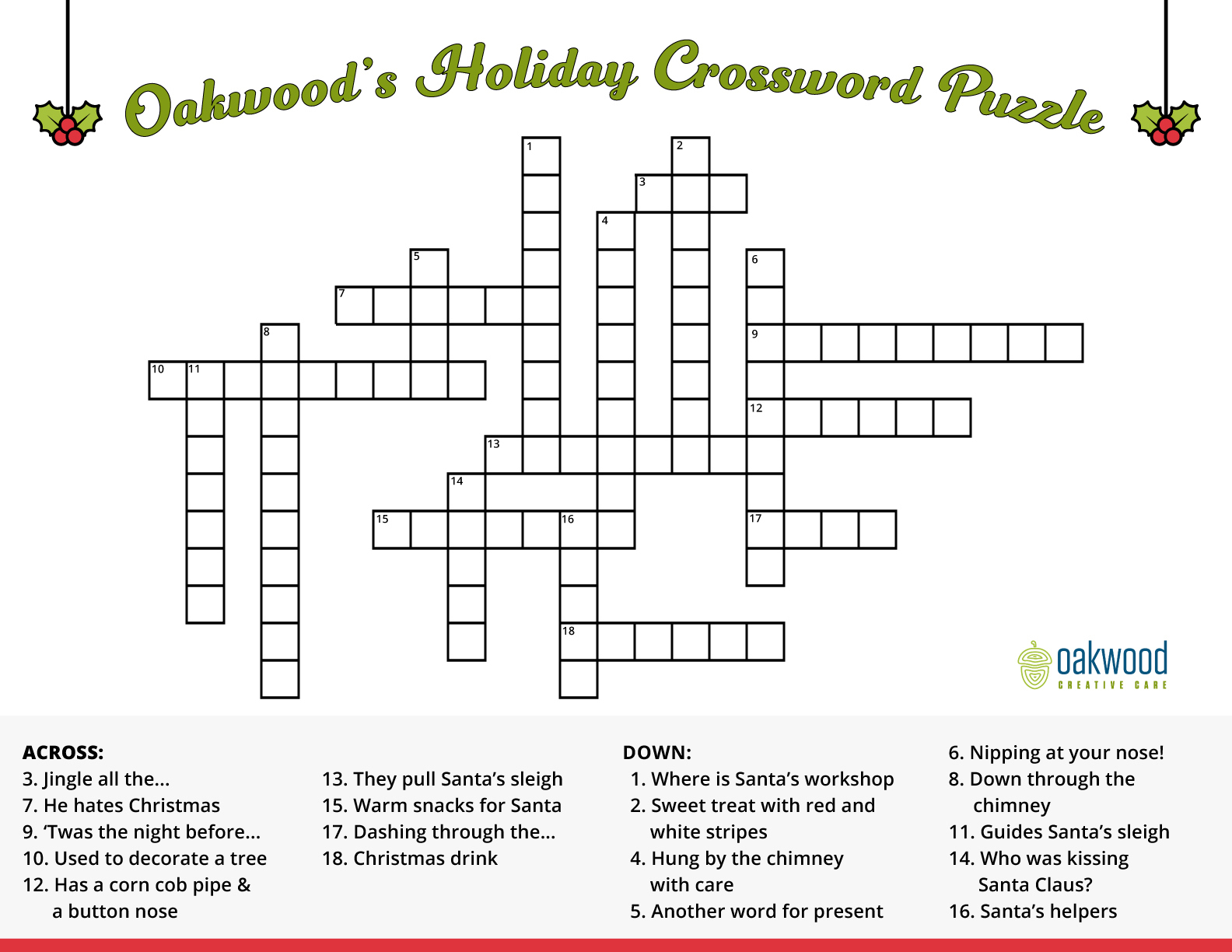 Dementia-Friendly Holiday Crossword Puzzle : Oakwood Creative Care with regard to Free Crossword Puzzles Festive