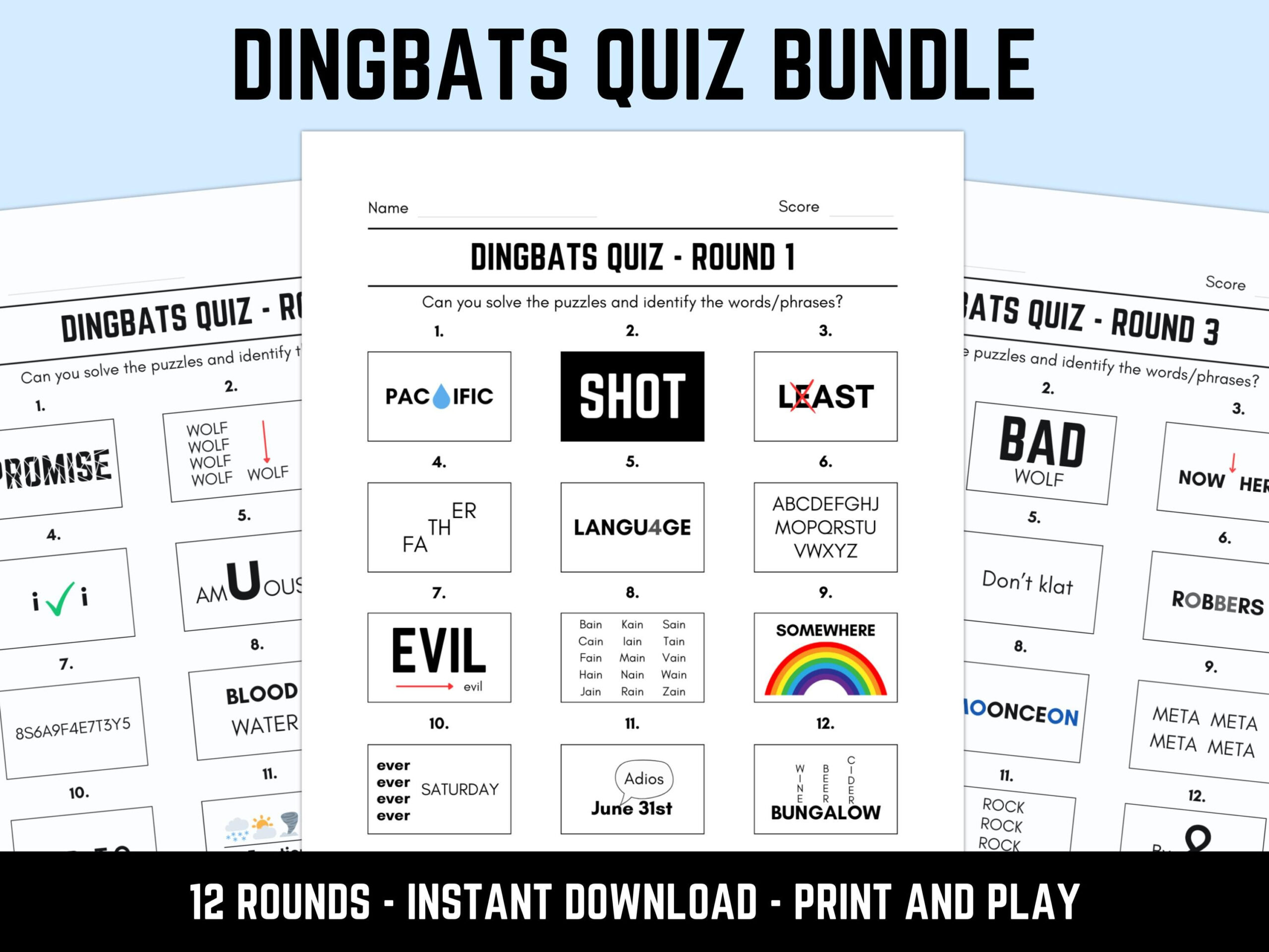 Dingbats Quiz Bundle: 12 Printable Picture Quizzes In 1, Downloadable Rebus Puzzles, Pub Quiz Sheets, Family Game Night for Free Printable Dingbats with Answers Elderly