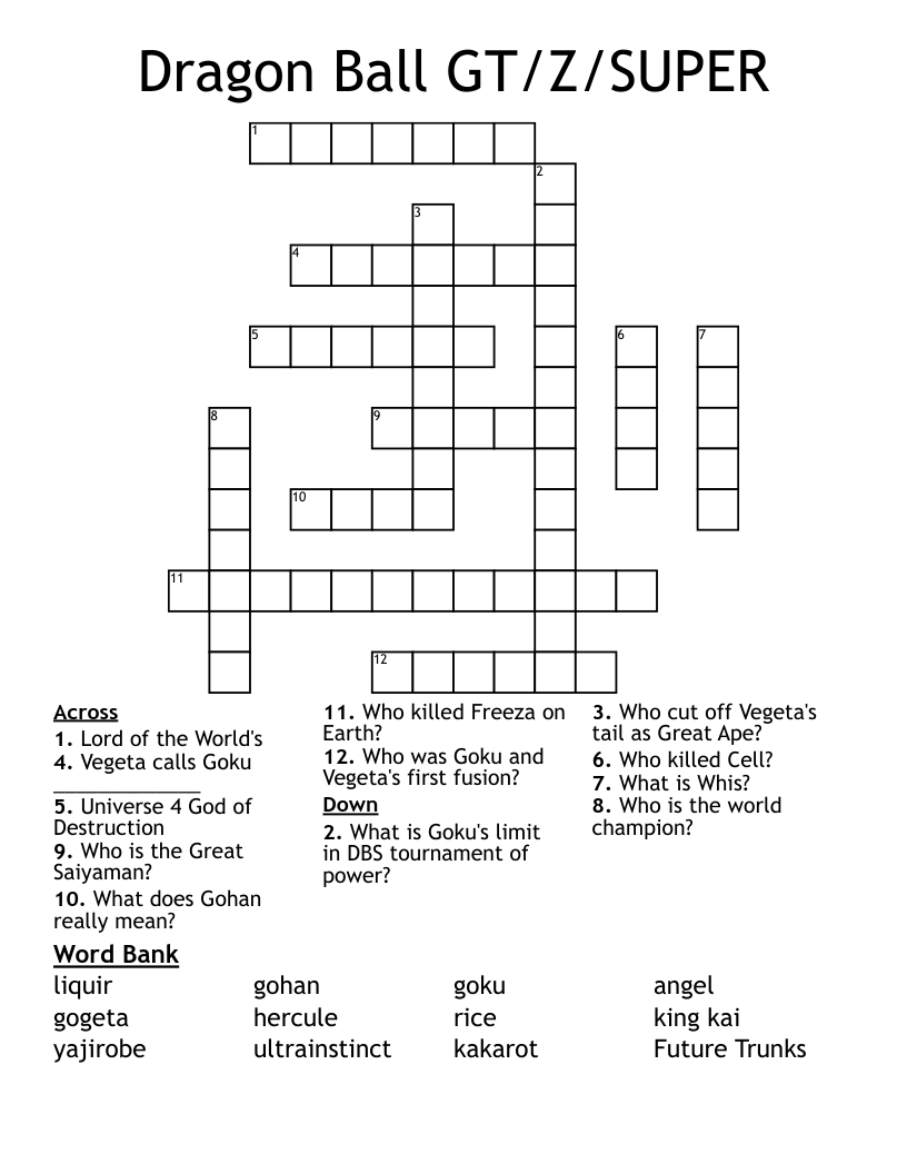 Dragon Ball Gt/Z/Super Crossword - Wordmint for Super Crossword Printable