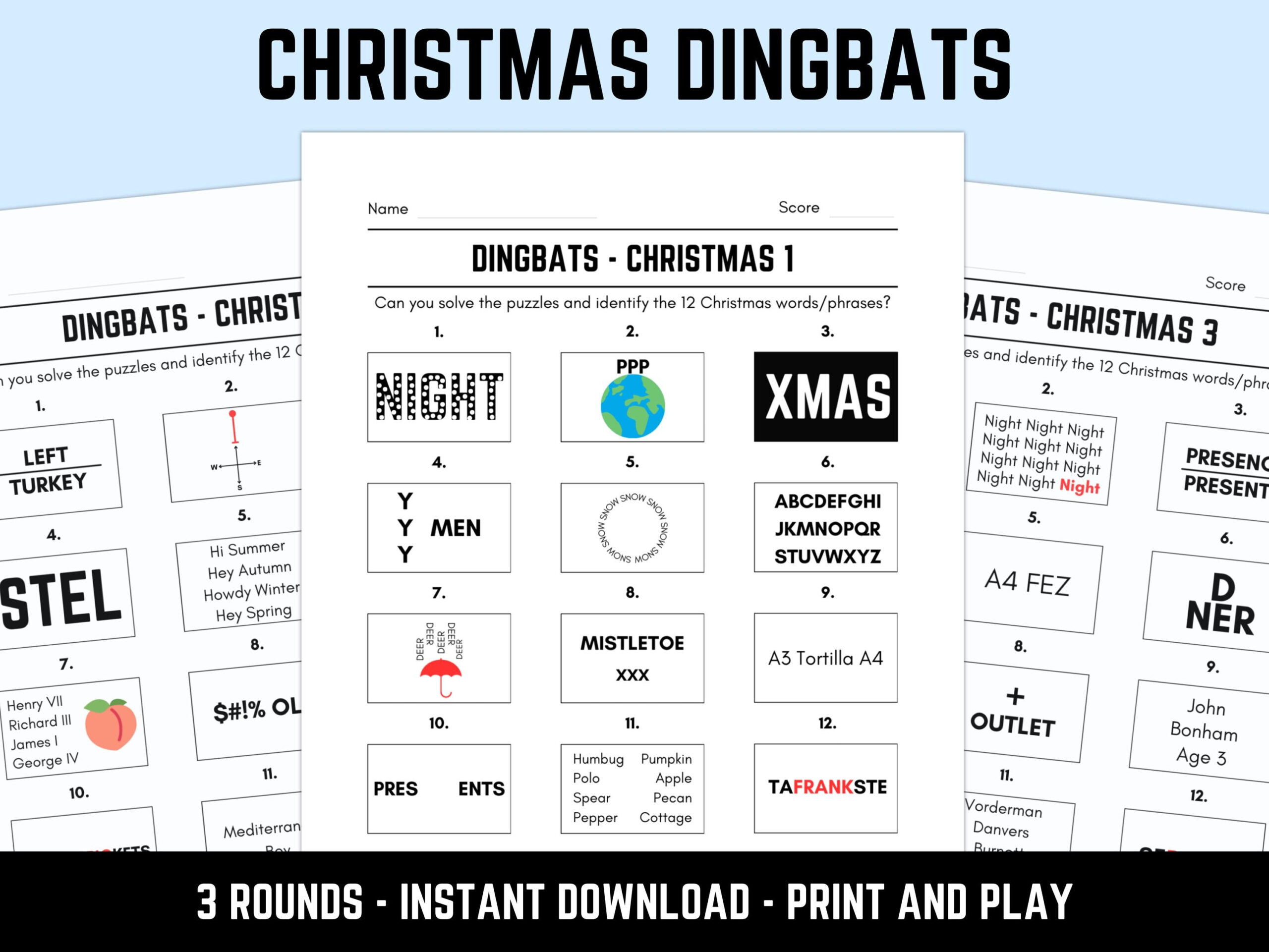 Druckbares Weihnachts-Dingbats-Bild-Quiz Mit Antworten: Sofort-Download Pdf within Free Christmas Dingbats