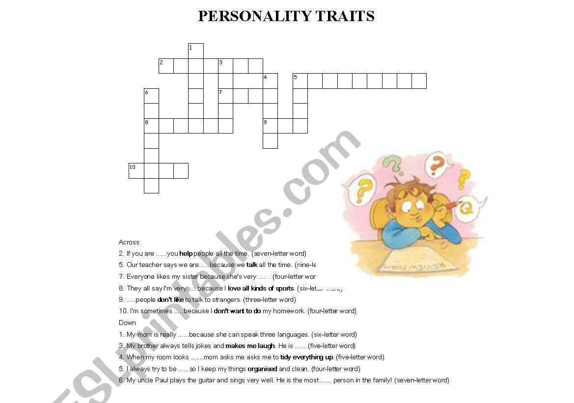 English Worksheets: Personality Traits -Crossword Puzzle inside Personality Traits Crossword Puzzle