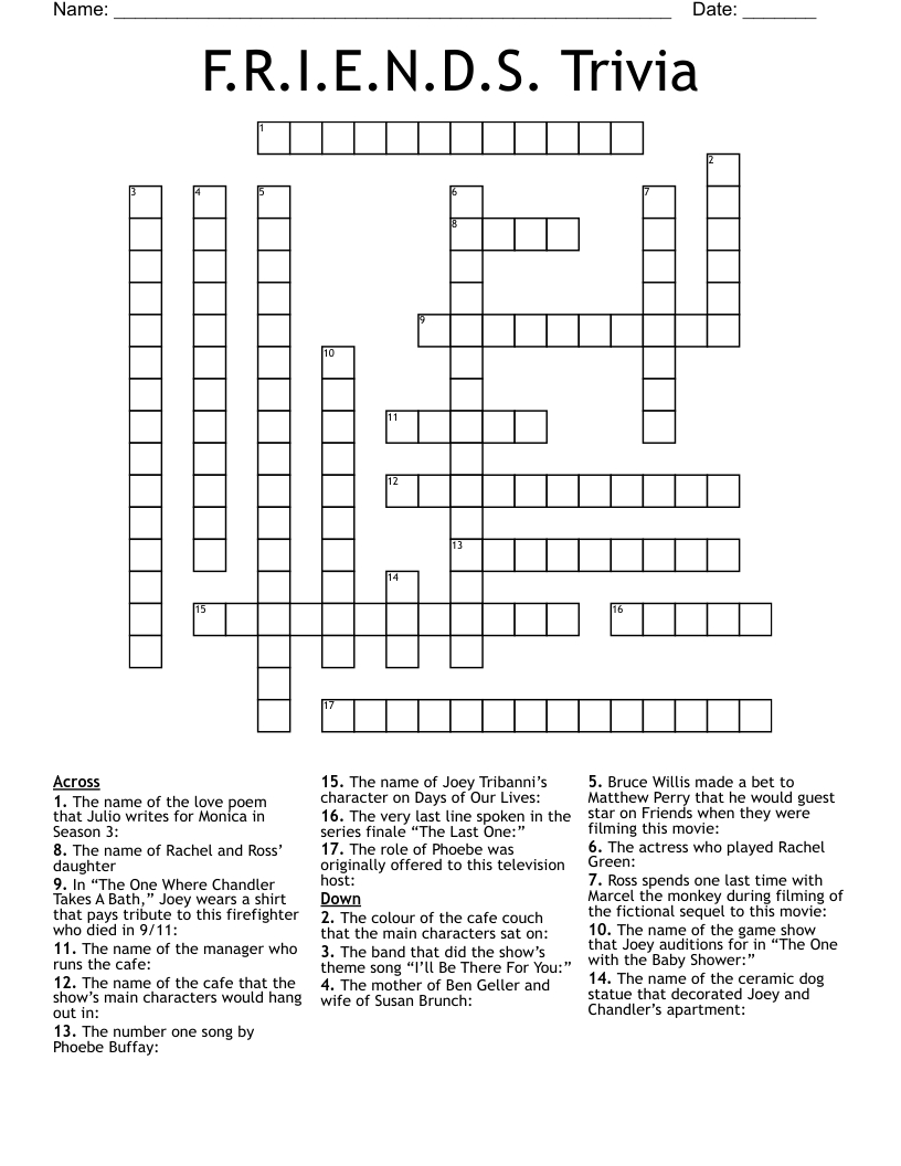 F.r.i.e.n.d.s. Trivia Crossword - Wordmint with regard to Tv Crossword Puzzle Matthews