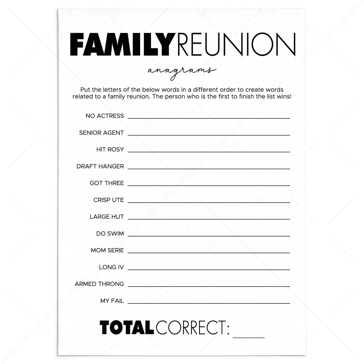 Family Reunion Anagrams Game Printable | Black And White Theme pertaining to Adult Anagram Worksheet