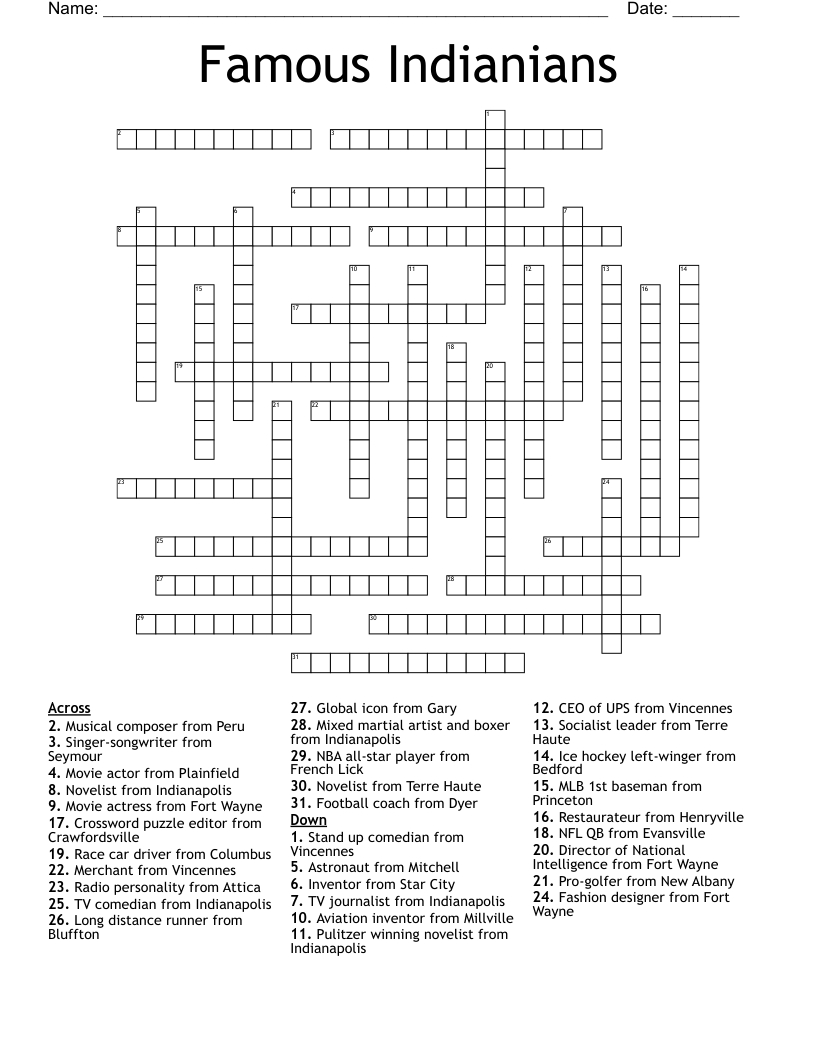 Famous Indianians Crossword - Wordmint with Indianapolis Star Crossword Puzzle