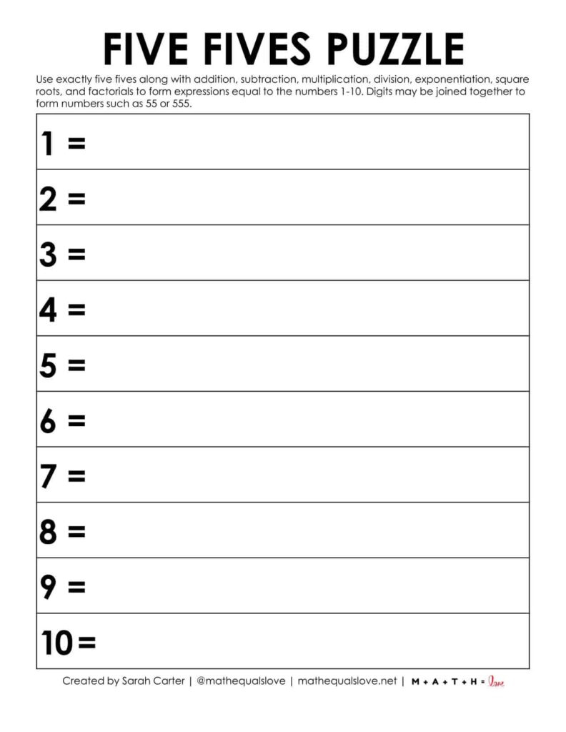 Five Fives Puzzle | Math = Love intended for Ditloid Puzzles For Kids Printable