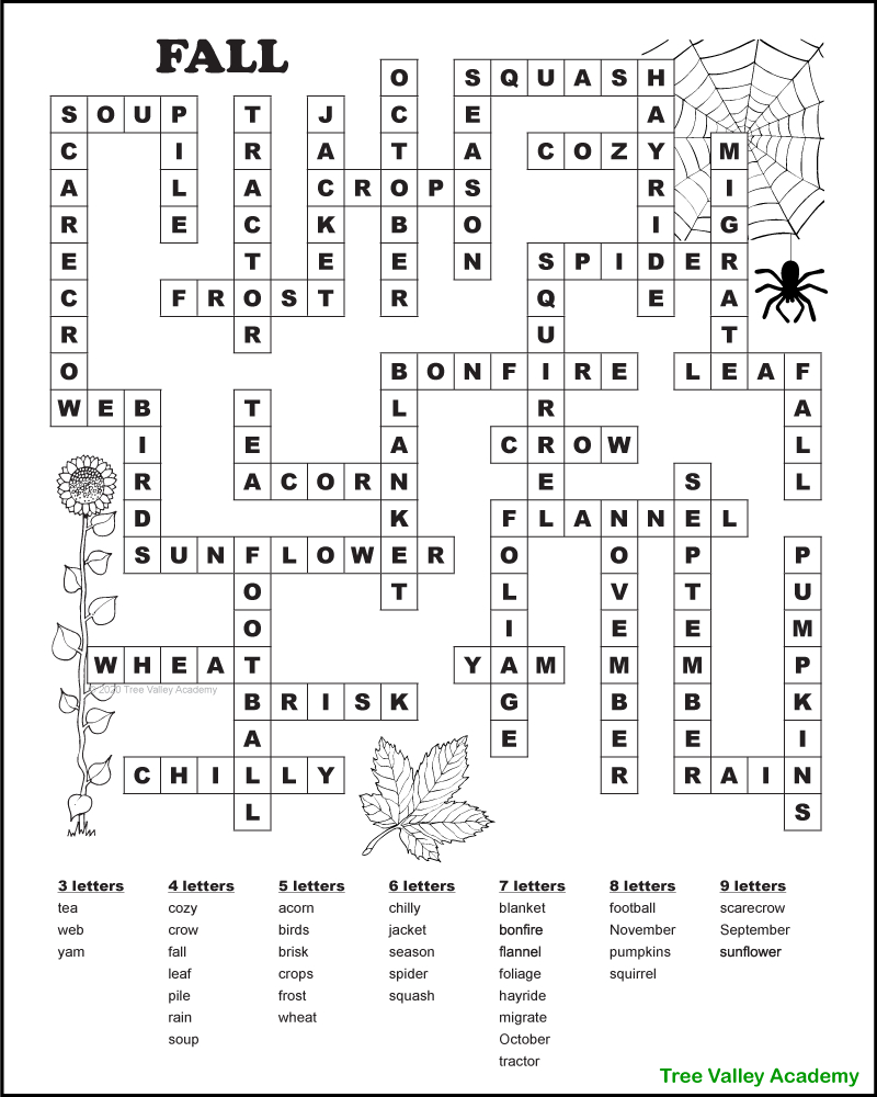Free Printable Autumn / Fall Word Fill In Puzzles - Tree Valley for Free Ditloids with Answers
