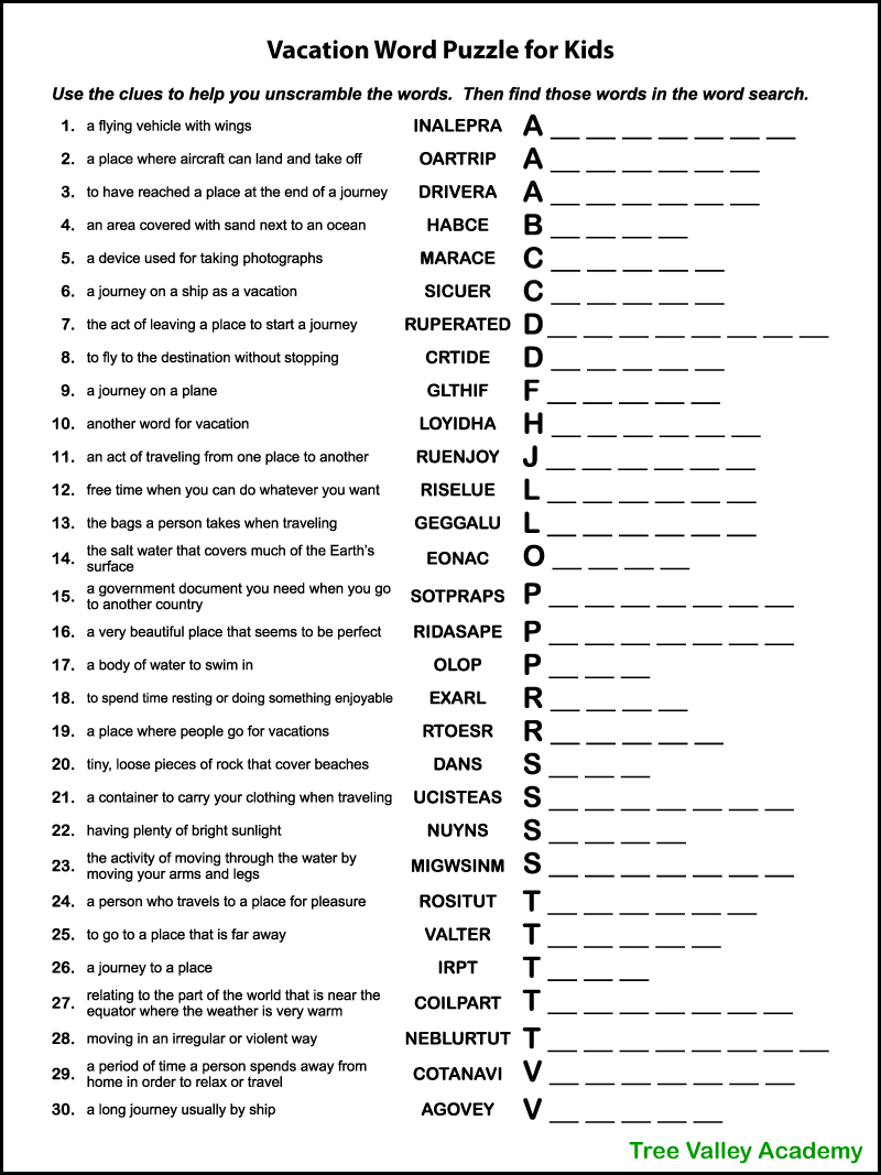 Free Printable Vacation Word Puzzle For Kids -Tree Valley Academy with regard to Ditloids Printable with Answers