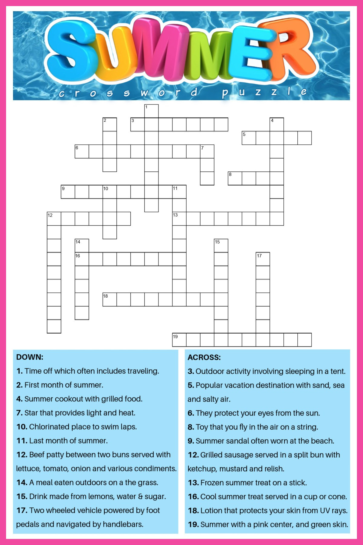 Free Summer Crossword Puzzle (2 Versions) - Answers Included with regard to Summer Adult Anagram Puzzle Free Printable