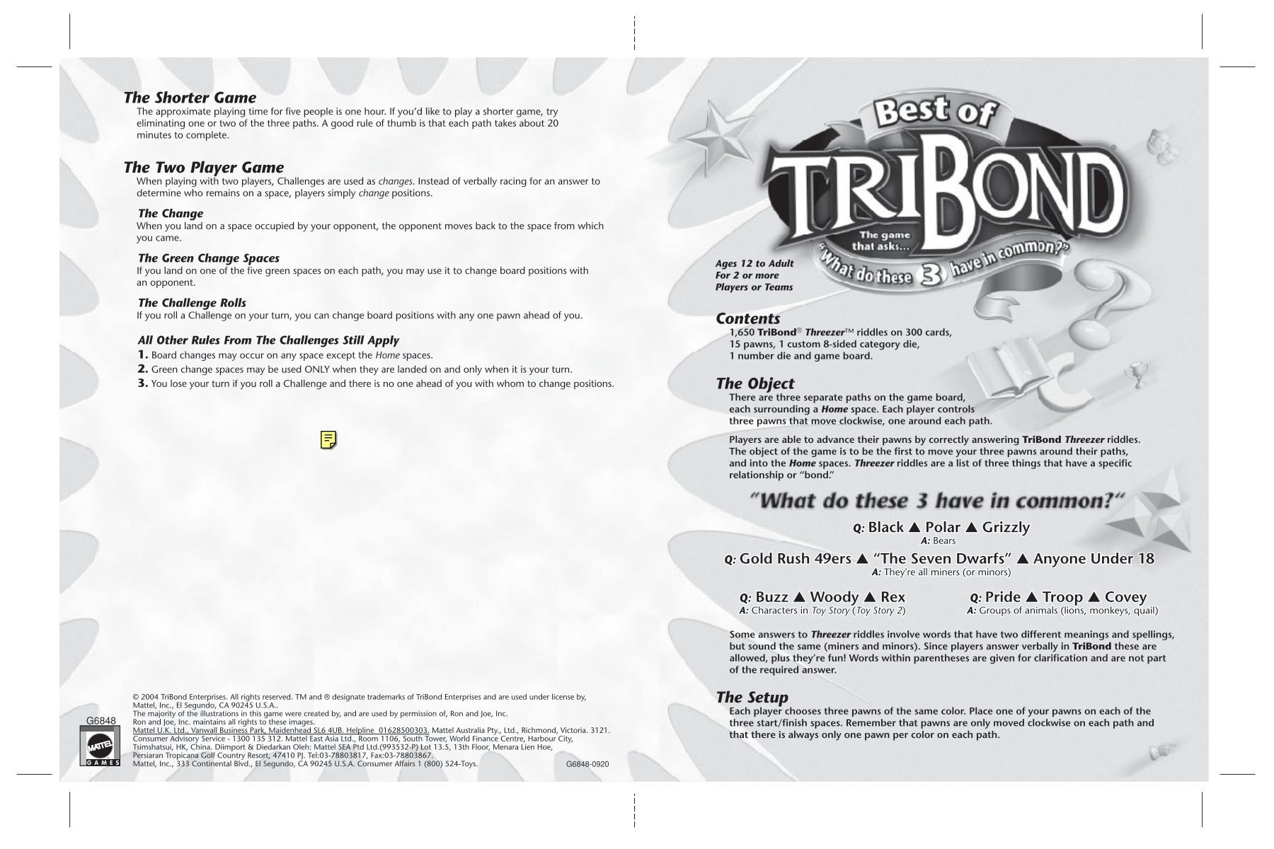 G6848 : Best Of Tribond® Game - Mattel within Tribond Game Example