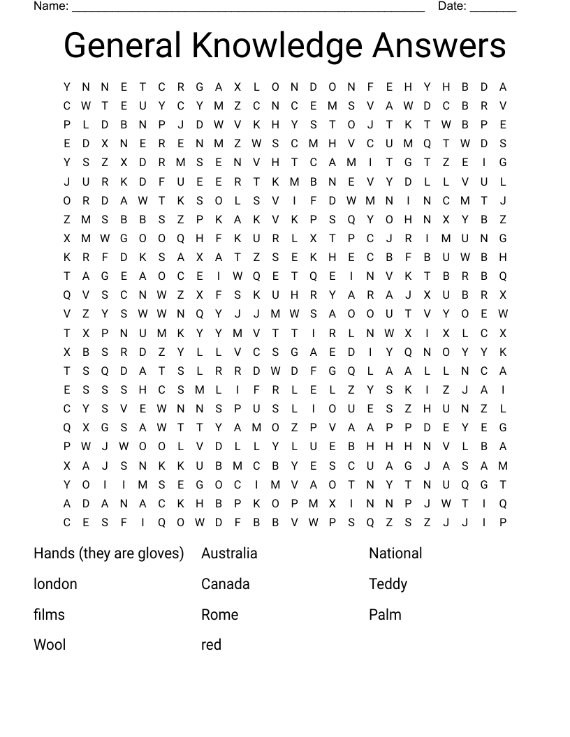 General Knowledge Answers Word Search - Wordmint for General Knowledge Crossword Quiz Answers Free Printable