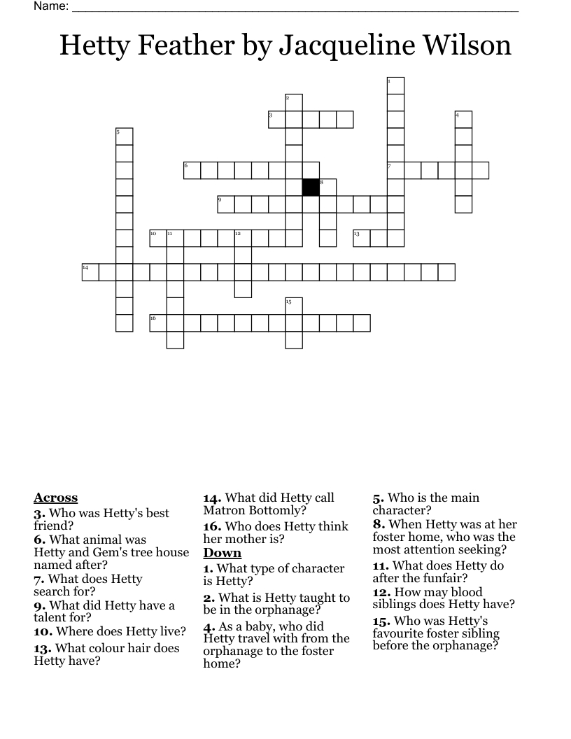 Hetty Featherjacqueline Wilson Crossword - Wordmint for Crossword Puzzles Printable By Jacqueline