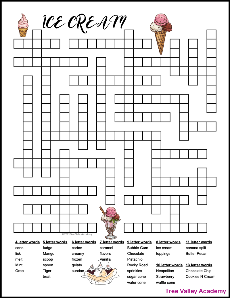 Ice Cream Fill In Puzzle - Tree Valley Academy intended for Printable Fill-In Crossword Puzzles