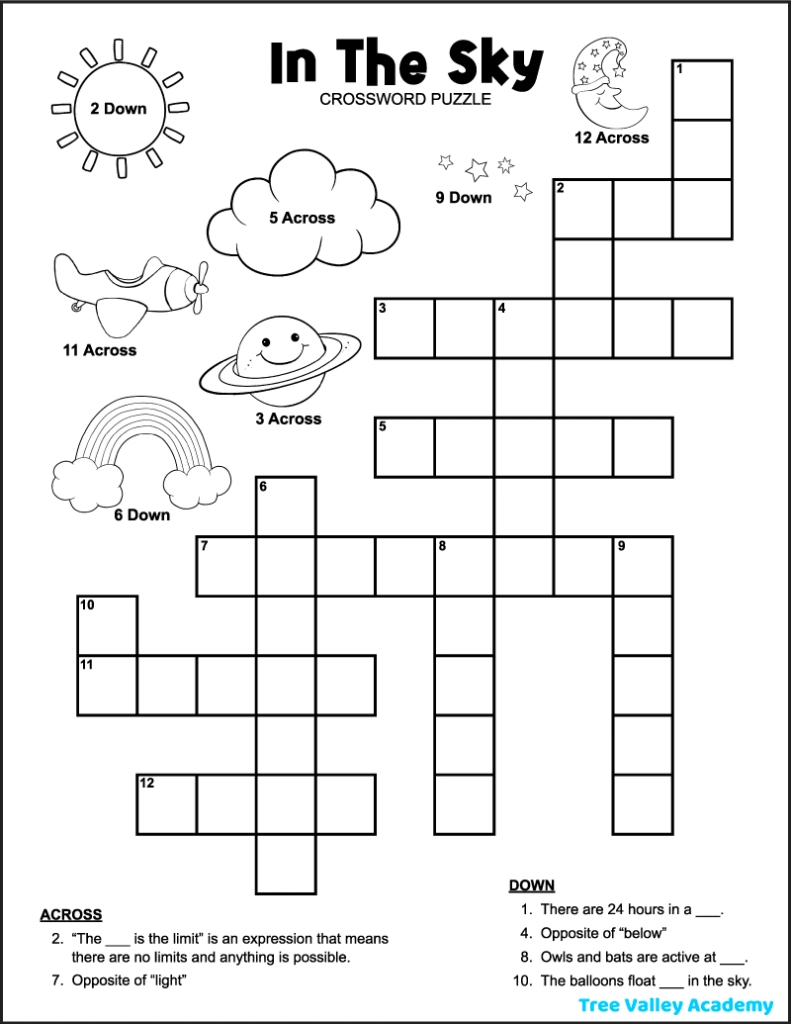 In The Sky Crossword Puzzle For Kids - Tree Valley Academy for 7 Free Printable Crossword Puzzles