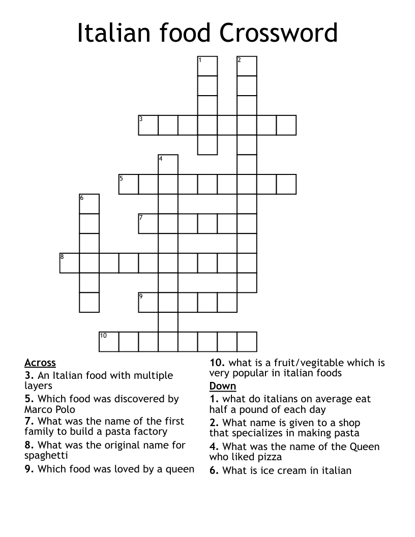 Italian Food Crossword - Wordmint in Italian Food Crossword Kids Printable